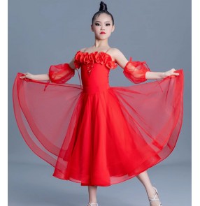 Girls kids red ballroom dance dresses pageant birthday party ball gown stage performance waltz tango dance dress for kids